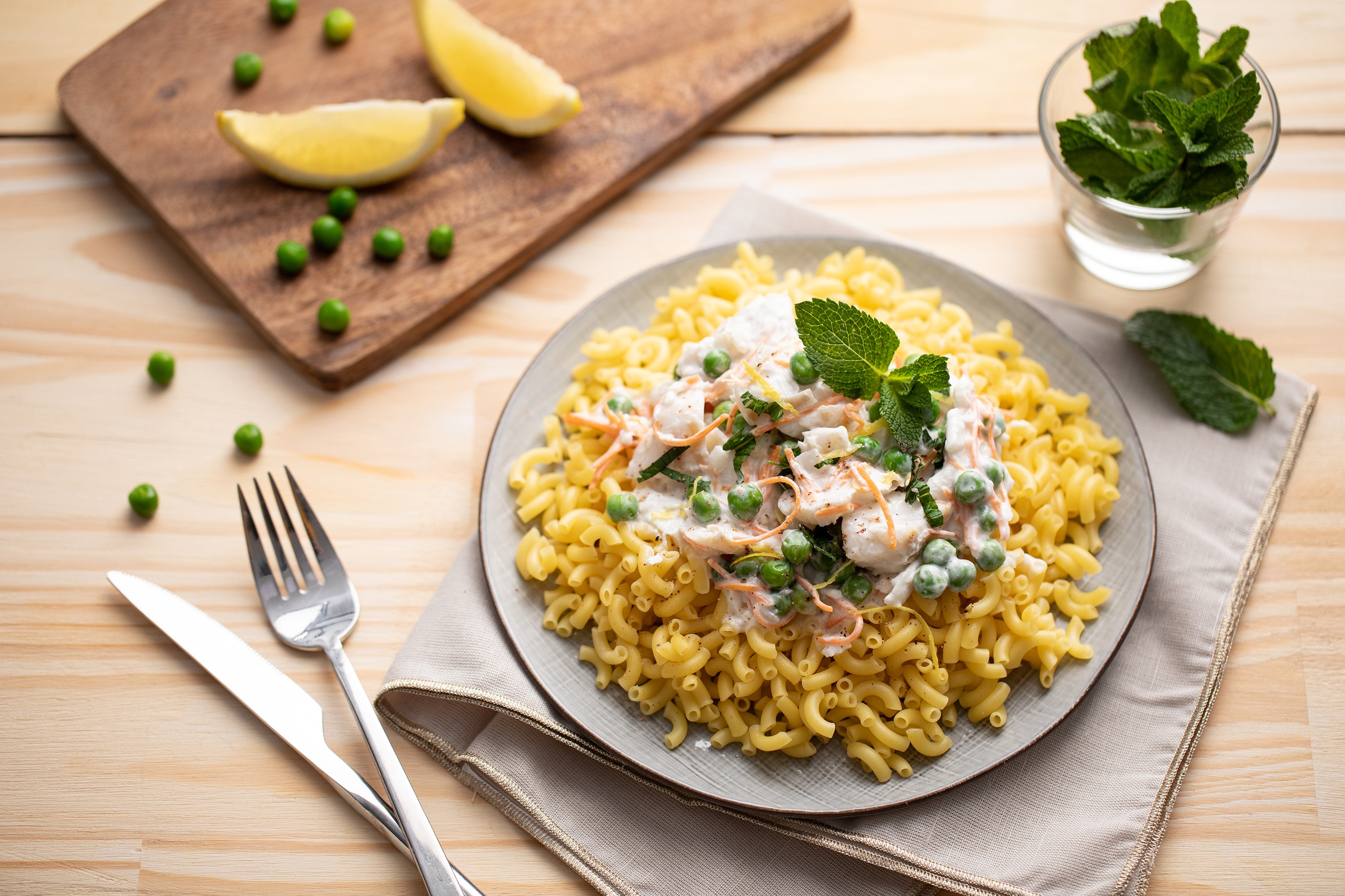 Recette de Coquillettes, sauce coco citronnée et poisson blanc